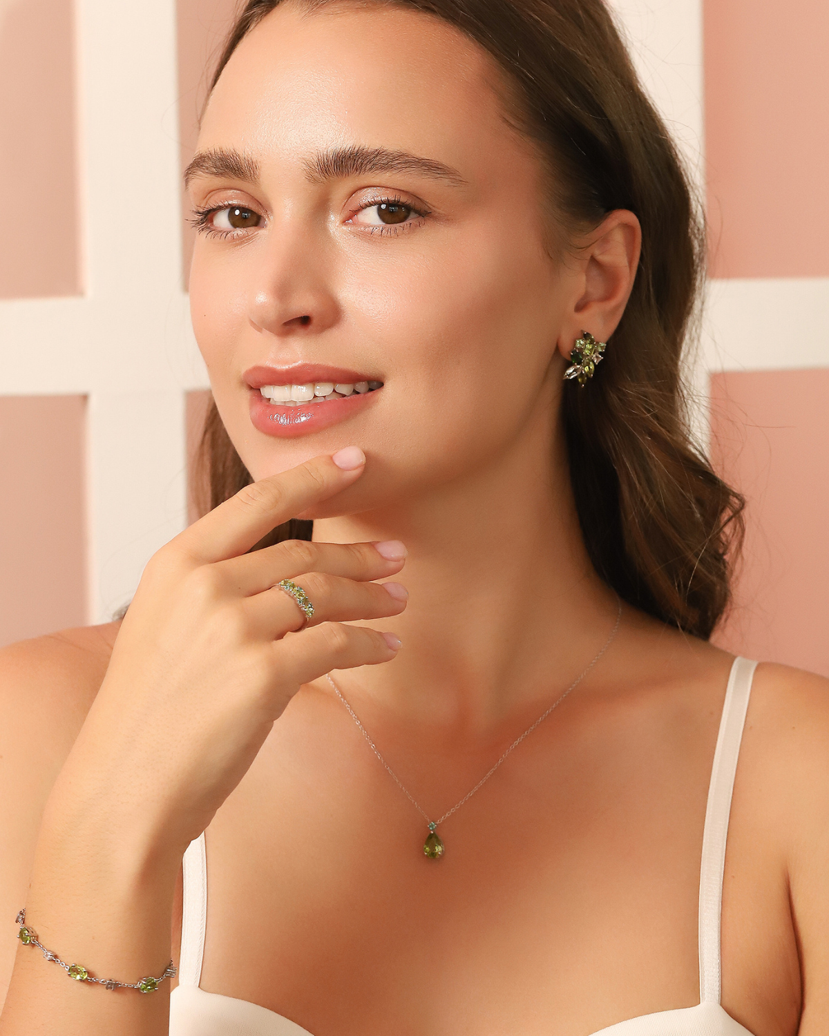 Large Green Gemstone Cluster Earrings in Sterling Silver by Vianne Jewellery