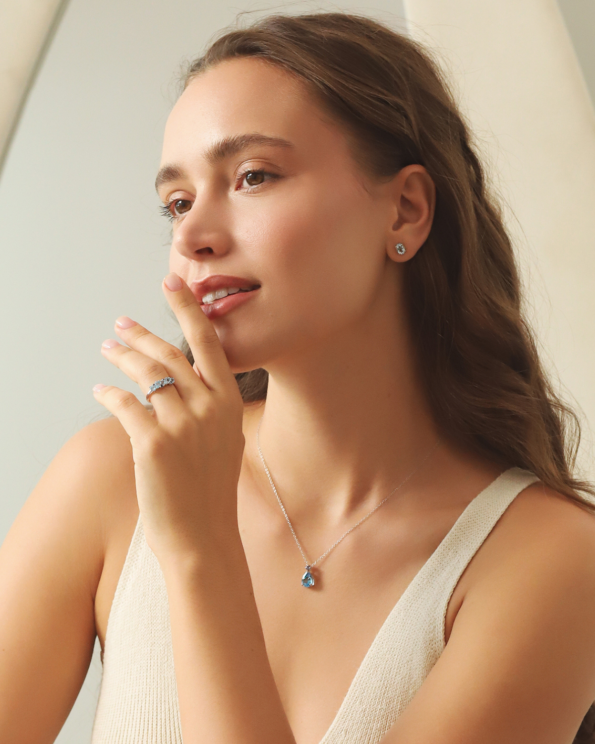 Blue Sapphire & Blue Topaz Pear Cut Pendant Necklace in Sterling Silver by Vianne Jewellery