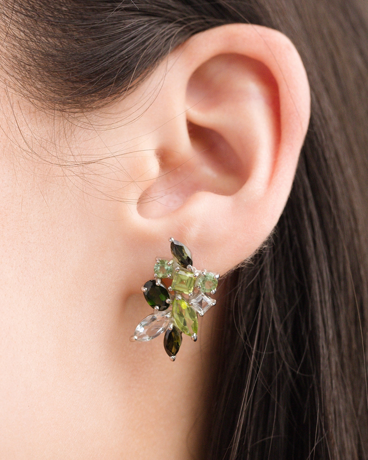 Large Green Gemstone Cluster Earrings in Sterling Silver by Vianne Jewellery