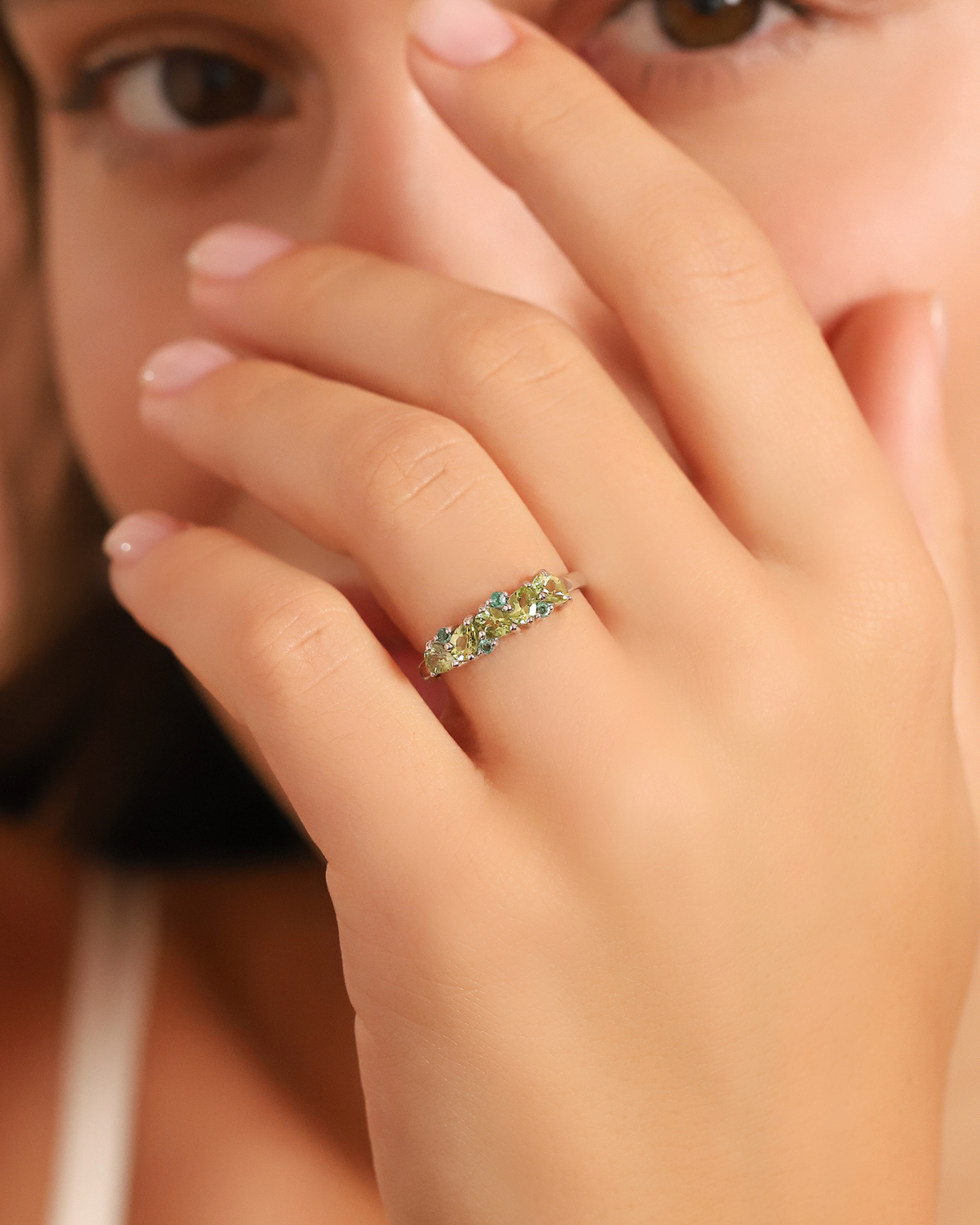 Emerald & Peridot Pear Cut Half Eternity Band in Sterling Silver by Vianne Jewellery