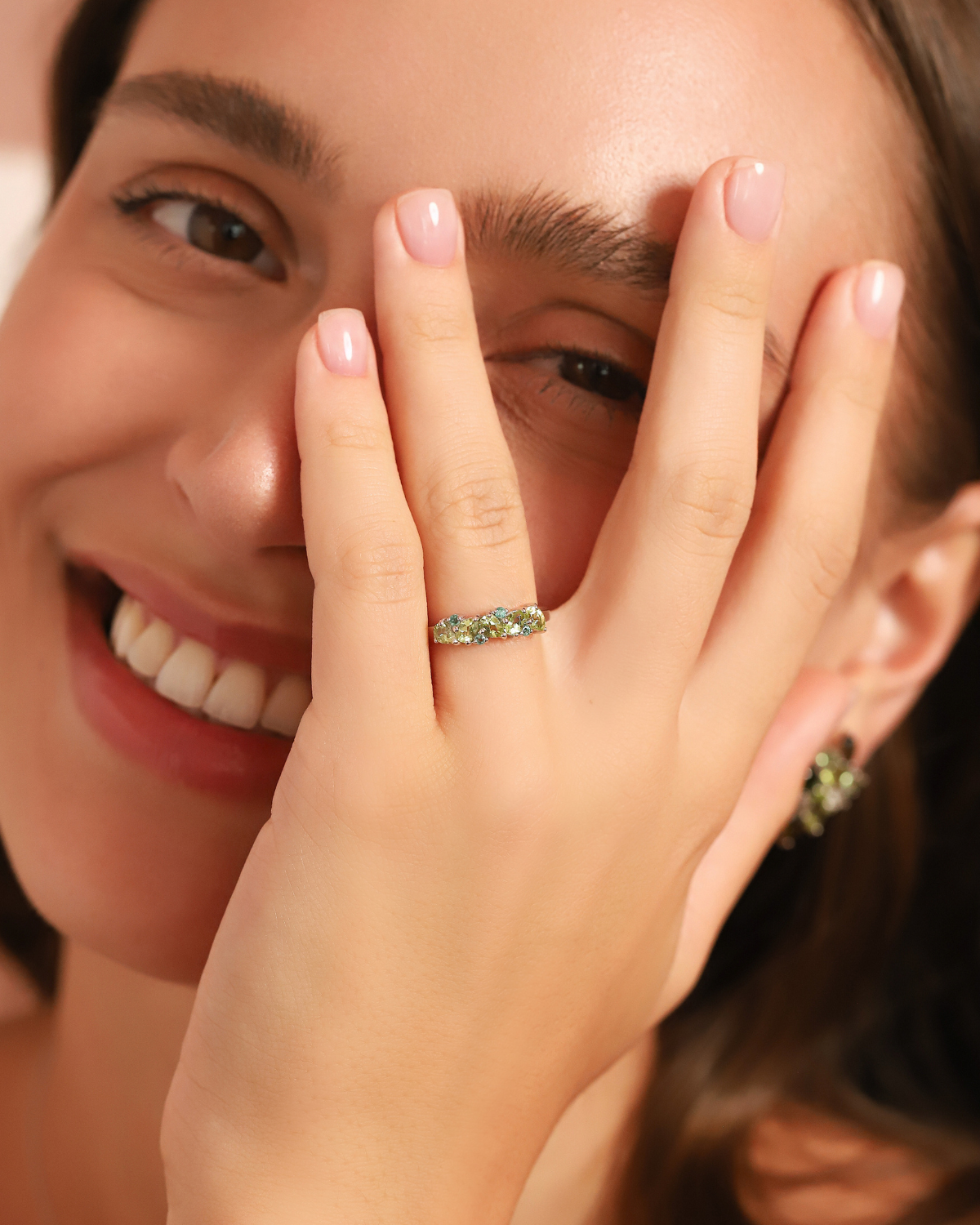 Emerald & Peridot Pear Cut Half Eternity Band in Sterling Silver by Vianne Jewellery