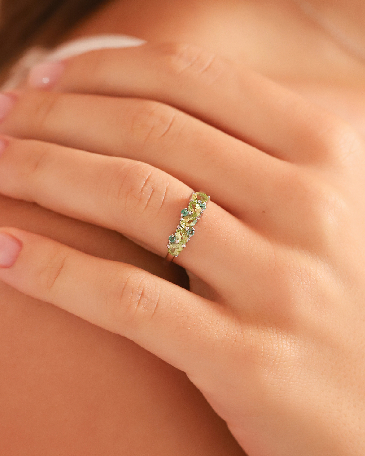 Emerald & Peridot Pear Cut Half Eternity Band in Sterling Silver by Vianne Jewellery
