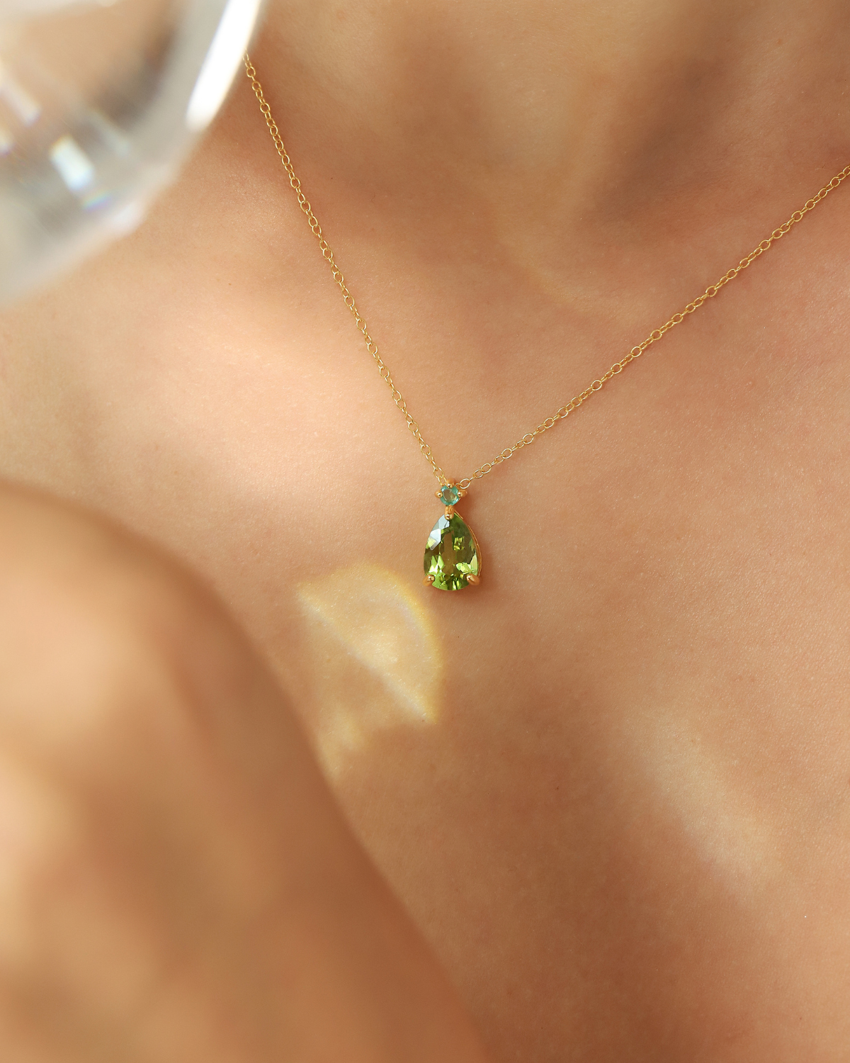 Emerald & Peridot Pear Cut Pendant Necklace in 18k Gold Vermeil by Vianne Jewellery