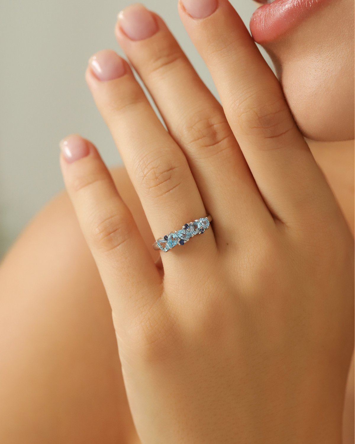 Blue Sapphire & Blue Topaz Pear Cut Half Eternity Band in Sterling Silver by Vianne Jewellery