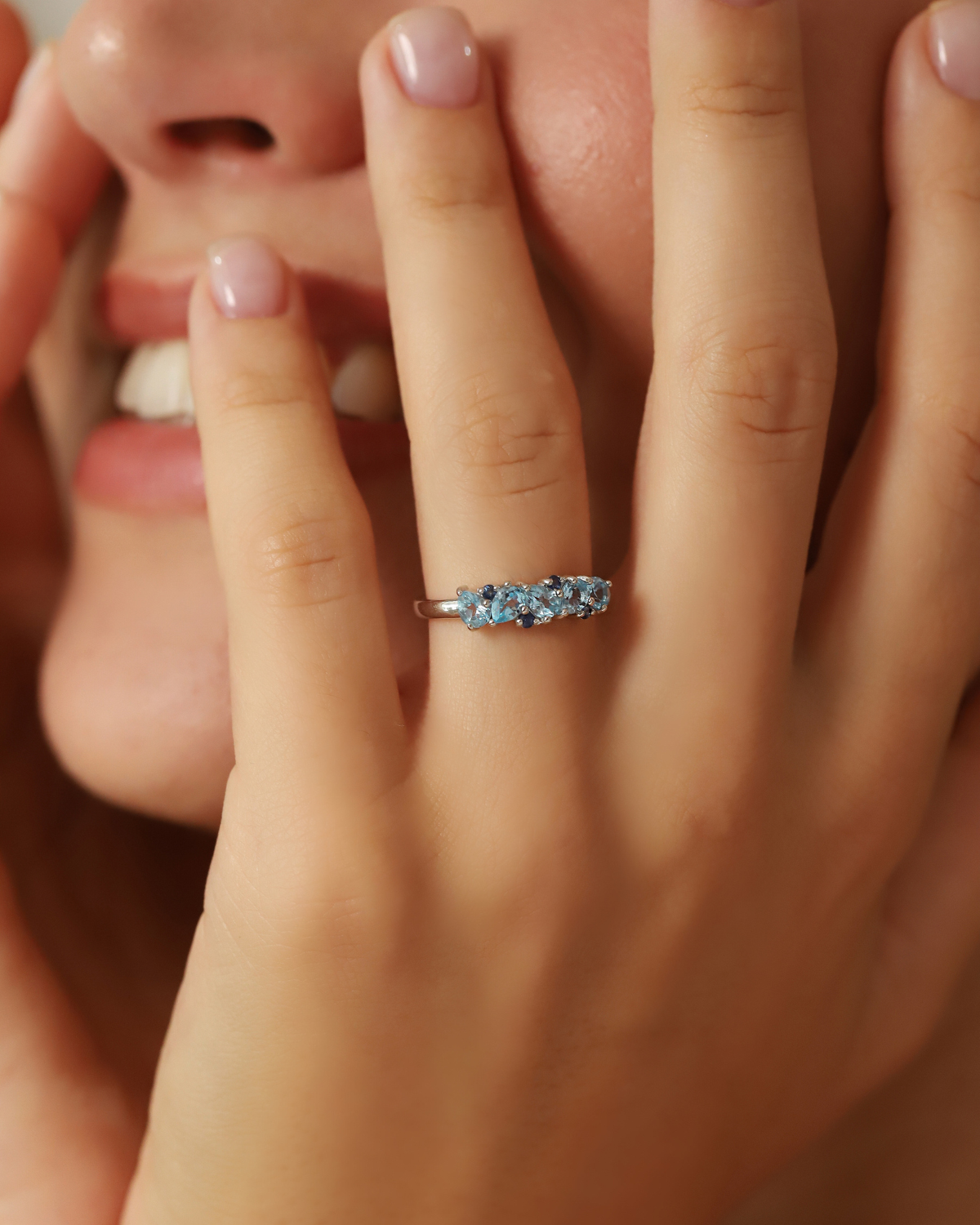 Blue Sapphire & Blue Topaz Pear Cut Half Eternity Band in Sterling Silver by Vianne Jewellery