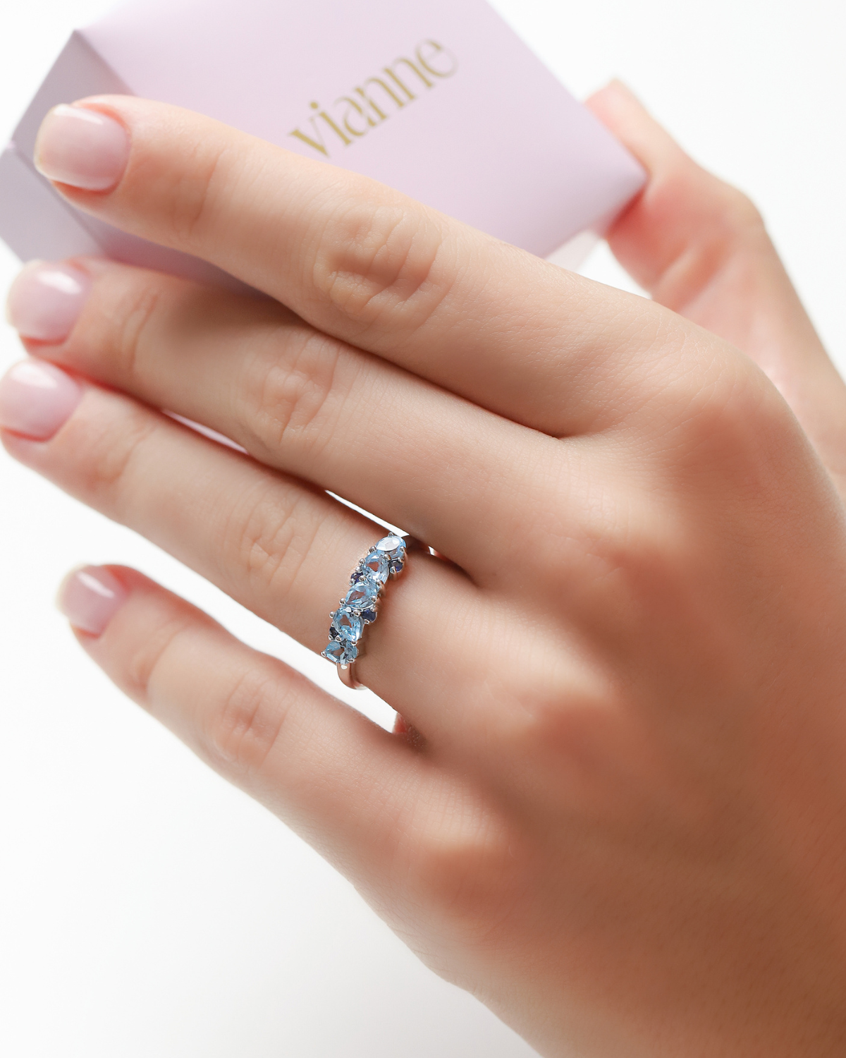 Blue Sapphire & Blue Topaz Pear Cut Half Eternity Band in Sterling Silver by Vianne Jewellery