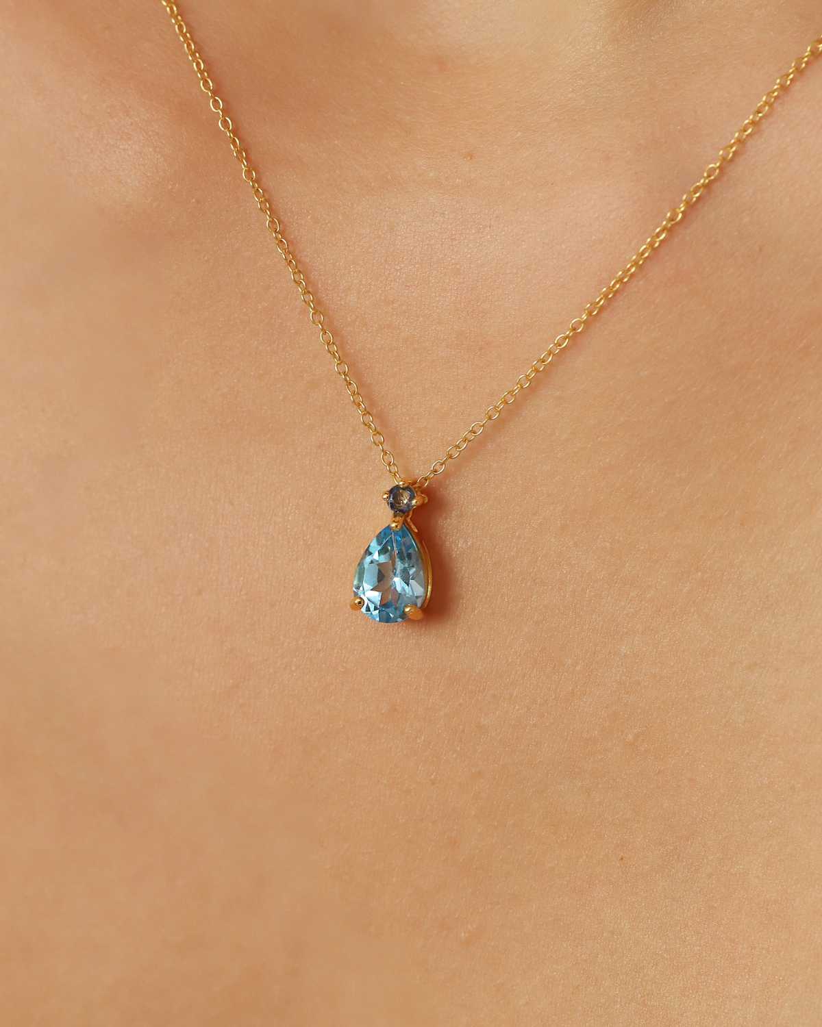Blue Sapphire & Blue Topaz Pear Cut Pendant Necklace in 18k Gold Vermeil by Vianne Jewellery