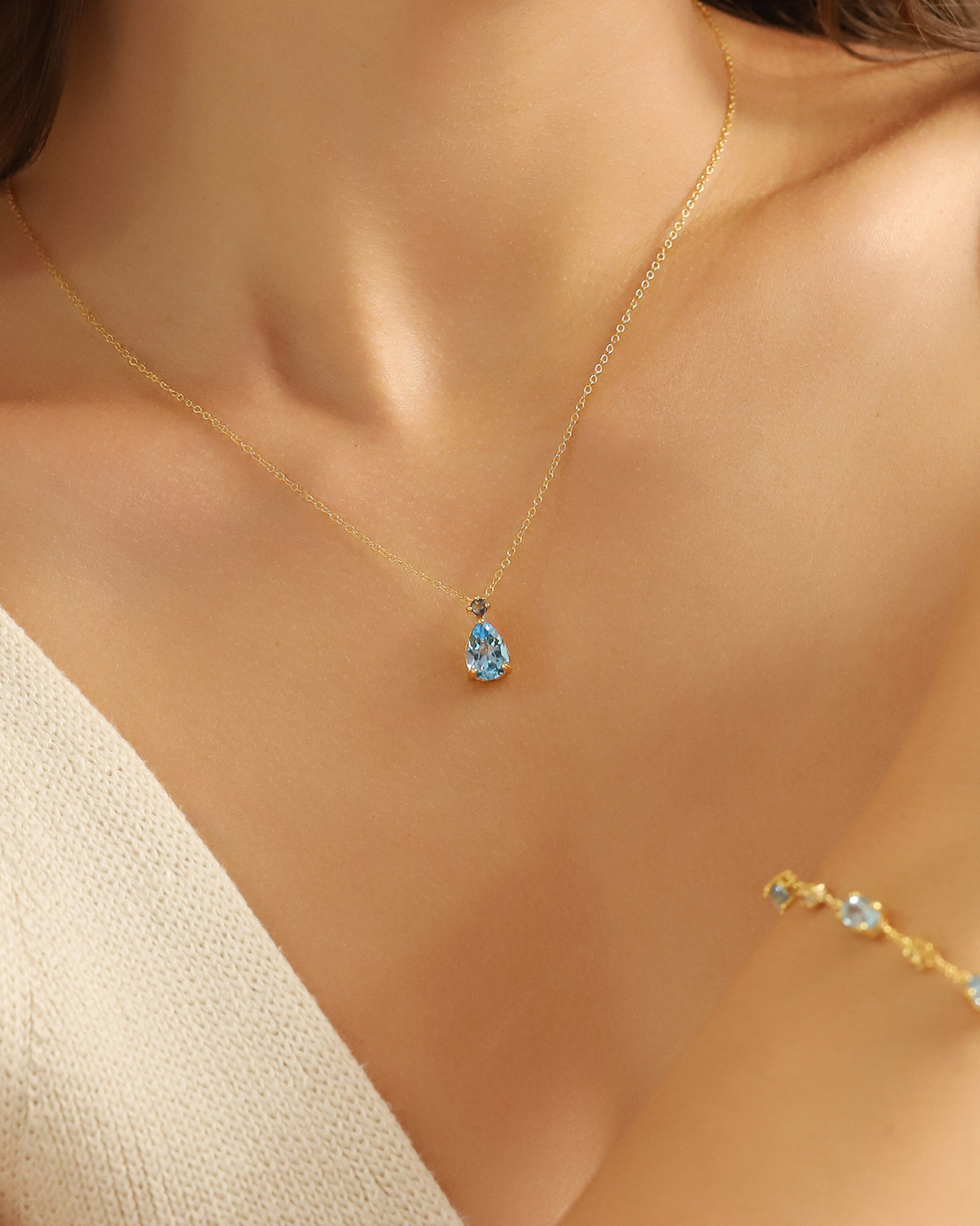 Blue Sapphire & Blue Topaz Pear Cut Pendant Necklace in 18k Gold Vermeil by Vianne Jewellery