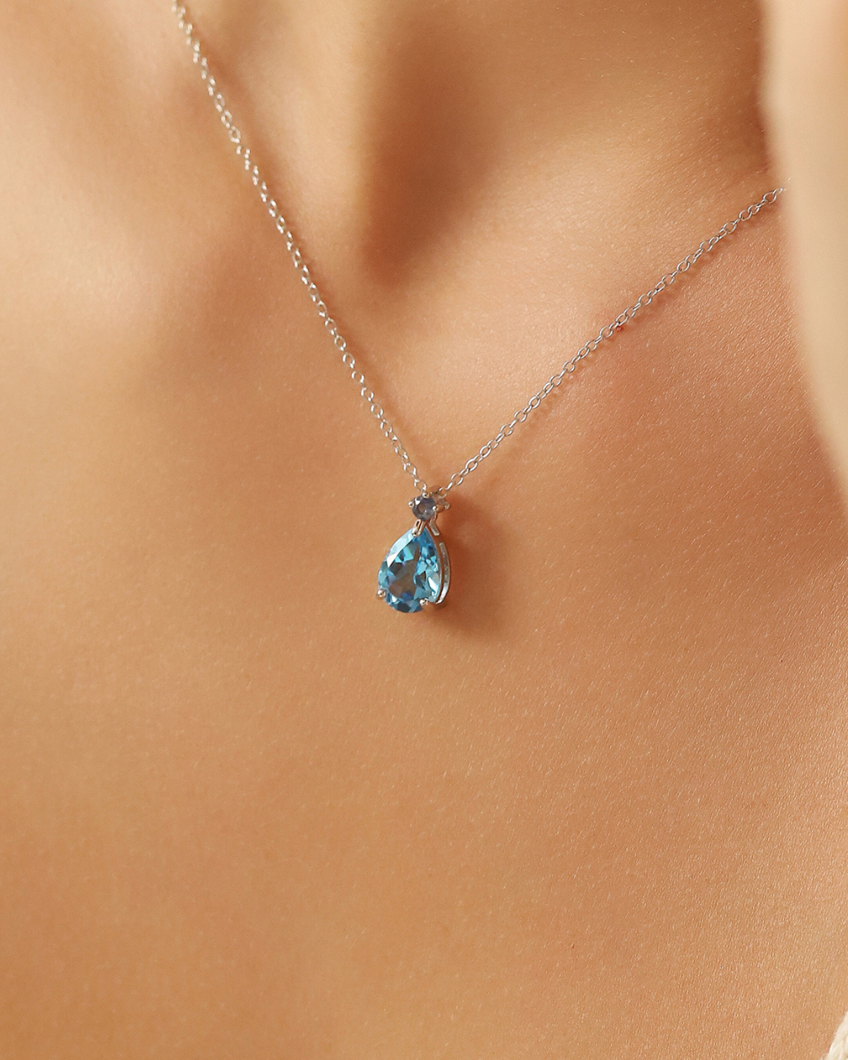 Blue Sapphire & Blue Topaz Pear Cut Pendant Necklace in Sterling Silver by Vianne Jewellery
