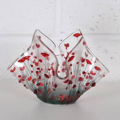 Handmade Fused Glass Poppy Tealight Holder