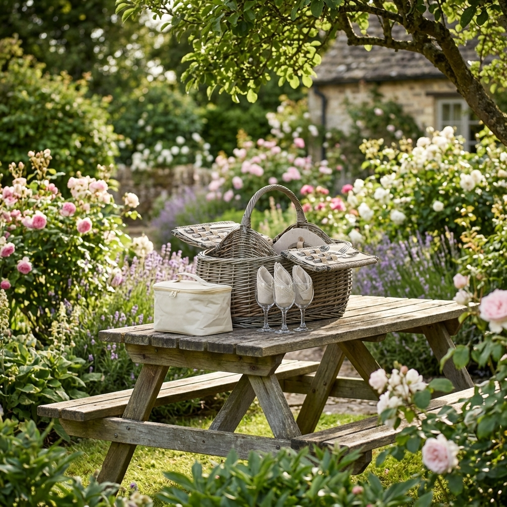4 Person Boat Picnic Hamper with cooler bag and wine glasses displayed on a wooden table in an English cottage garden