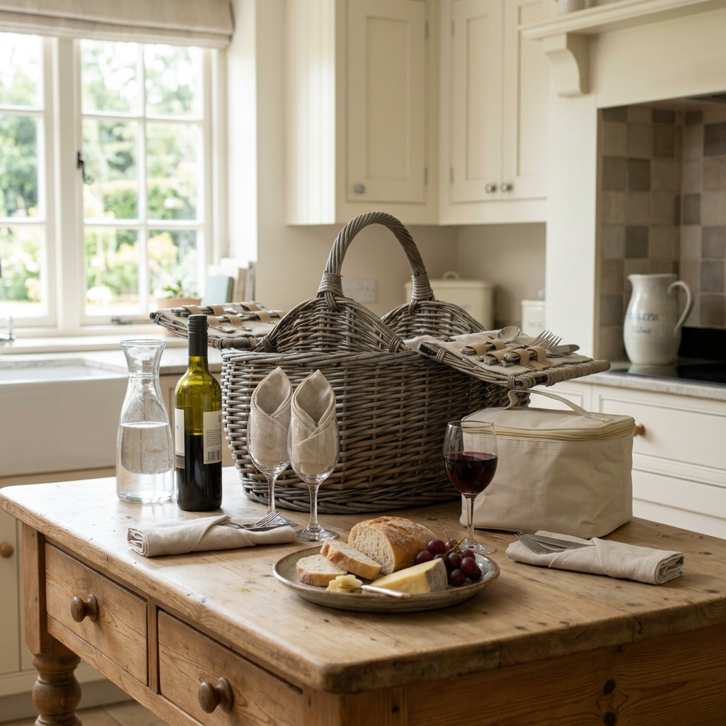 4 Person Boat Picnic Hamper with cream cooler bag and picnic accessories arranged on a wooden table in a light country kitchen