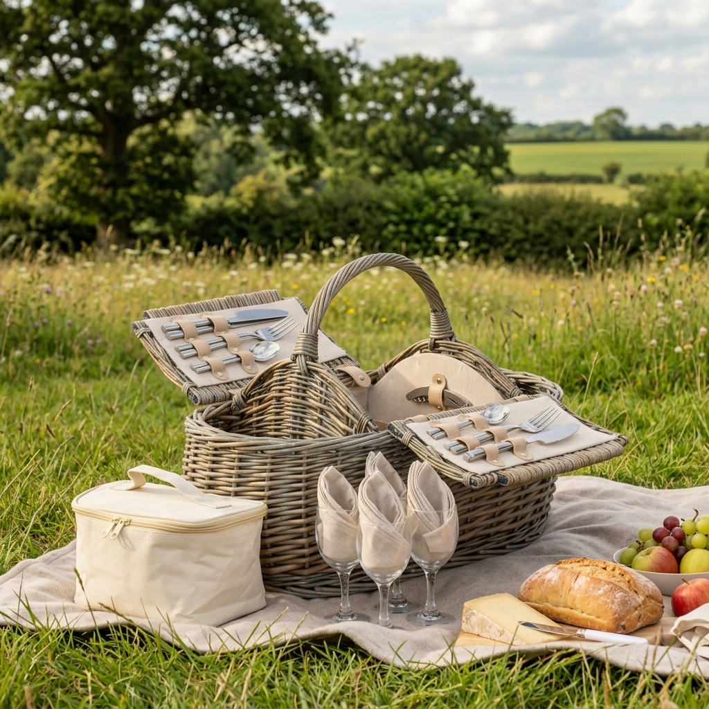 4 Person Boat Picnic Hamper with cooler bag and four wine glasses arranged for a picnic in an English countryside meadow