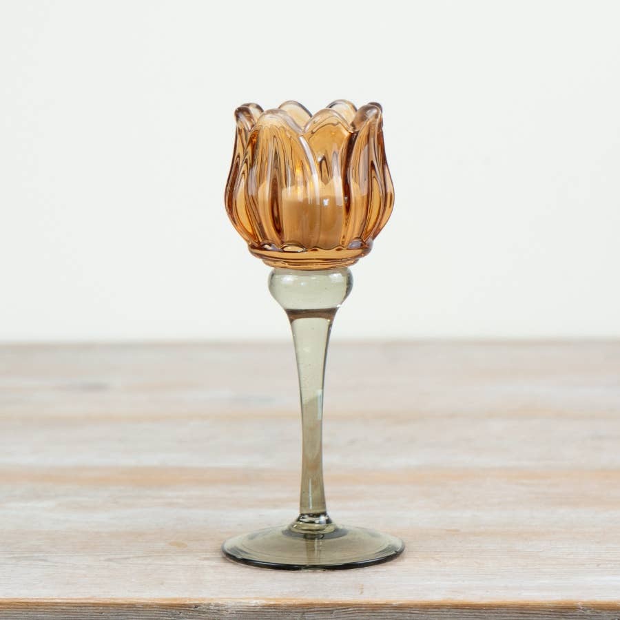Amber Tulip Glass Candle Holder, 19cm