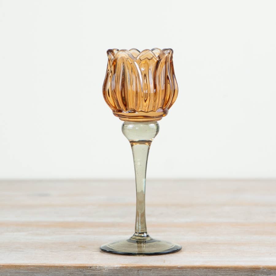 Amber Tulip Glass Candle Holder, 19cm