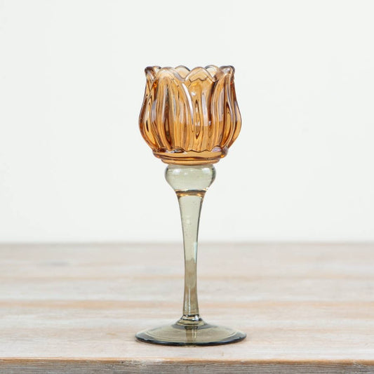 Amber Tulip Glass Candle Holder, 19cm