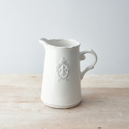 CERAMIC WHITE FLEUR DE LIS JUG, 18CM