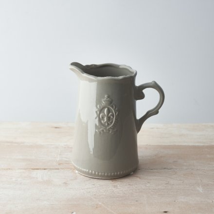 CERAMIC GREY FLEUR DE LIS JUG, 18CM