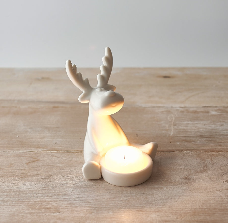 White Reindeer T-light Holder, 13cm