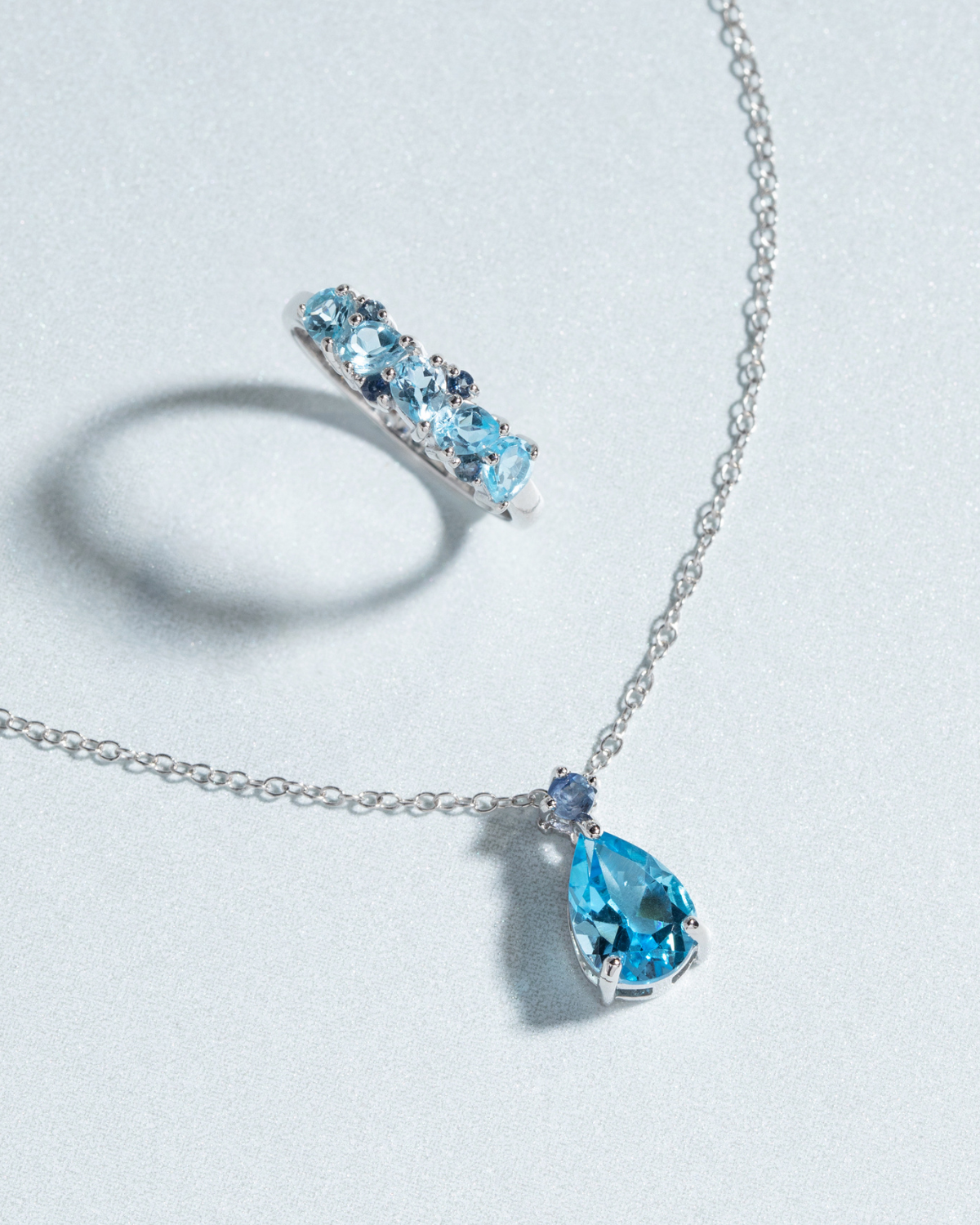 Blue Sapphire & Blue Topaz Pear Cut Pendant Necklace in Sterling Silver by Vianne Jewellery
