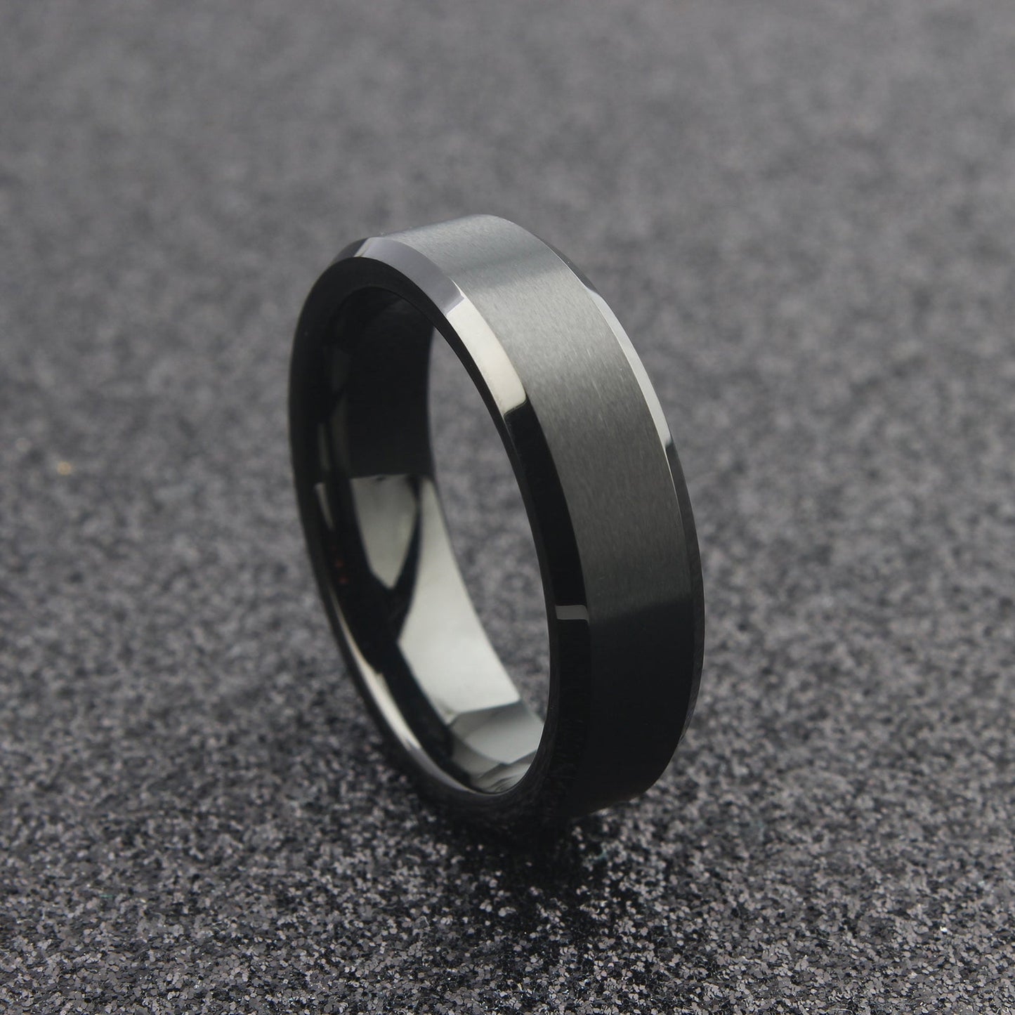 The Perseus - 6mm Brushed Black Tungsten Bevelled Edge Ring by Nord London