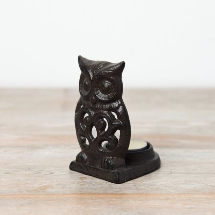 OWL T-LIGHT HOLDER, 10.8CM CAST IRON