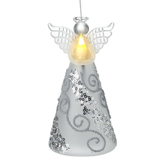 Silver Swirl Skirt Light Up Glass Angel, 14.9cm