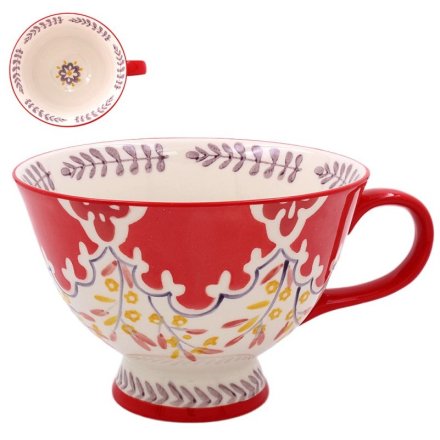 RED HAND PAINTED FOOTED MUG, 13CM