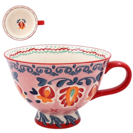 PINK HAND PAINTED FOOTED MUG, 13CM