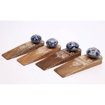 BLUE WOODEN DOORSTOP, 15.5CM
