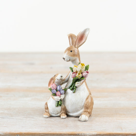 Mum & Baby Rabbit with Flowers Ornament, 14cm