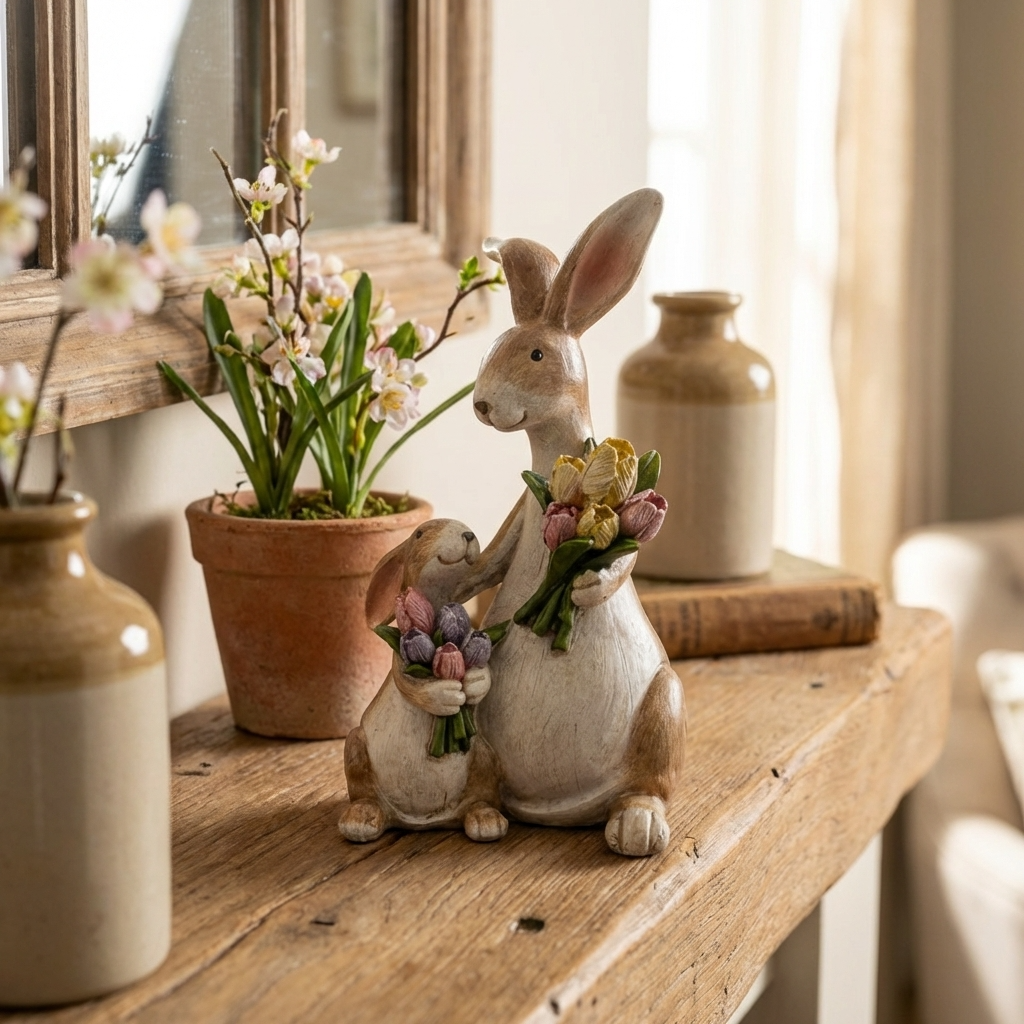 Mum & Baby Rabbit with Flowers Ornament, 14cm