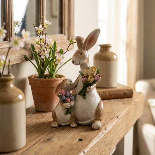 Mum & Baby Rabbit with Flowers Ornament, 14cm