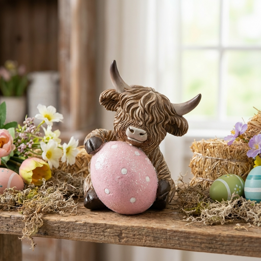 Highland Cow with Easter Egg Decoration, 9.5cm
