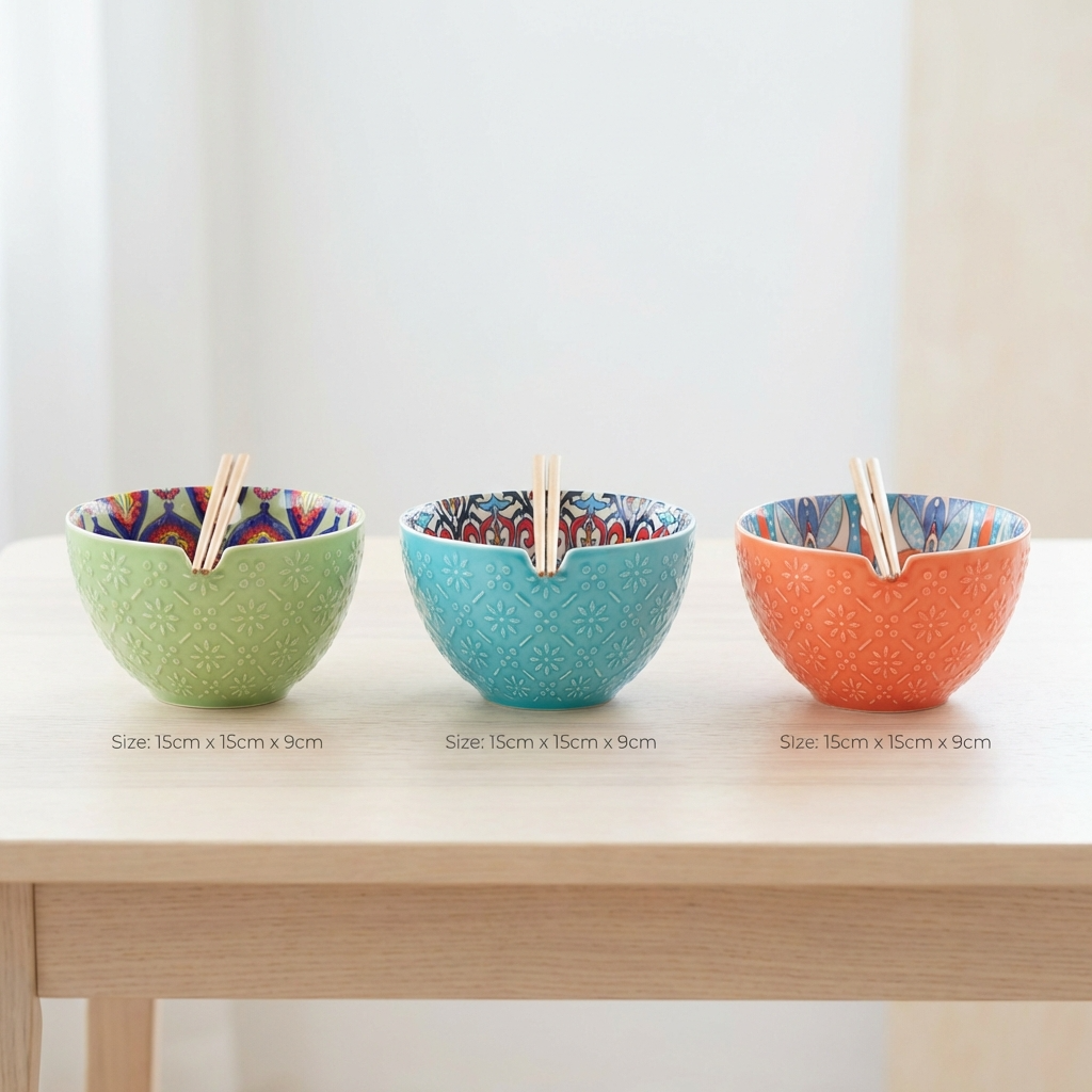 Tuscany II Assorted Set of 3 Noodle Bowls with Chopsticks 15cm