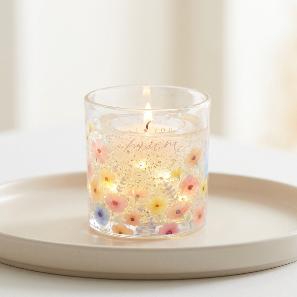 Scented Light up Flower Glitter Mum LED Gel Candle, 10cm