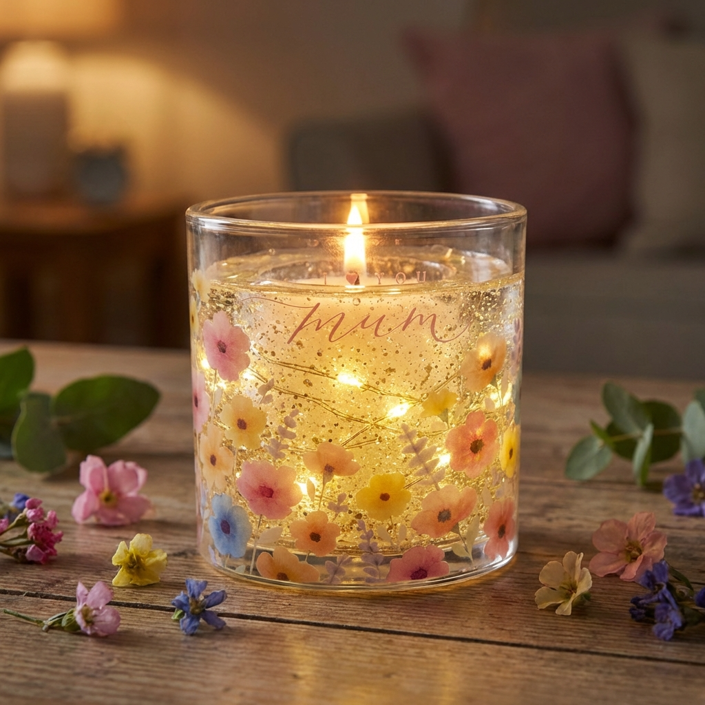Scented Light up Flower Glitter Mum LED Gel Candle, 10cm