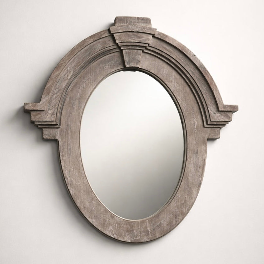Mansard Architectural Oval Wall Mirror - Distressed Grey Wood Frame by Vintage-Electrical