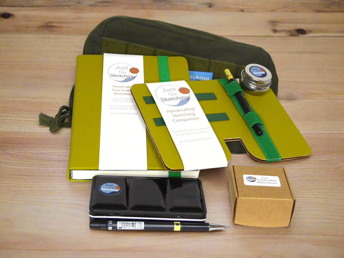 A5 JustGoSketching Kit – 40 Pages + Companion Board + 12 Handcrafted Watercolours (Half Pans)