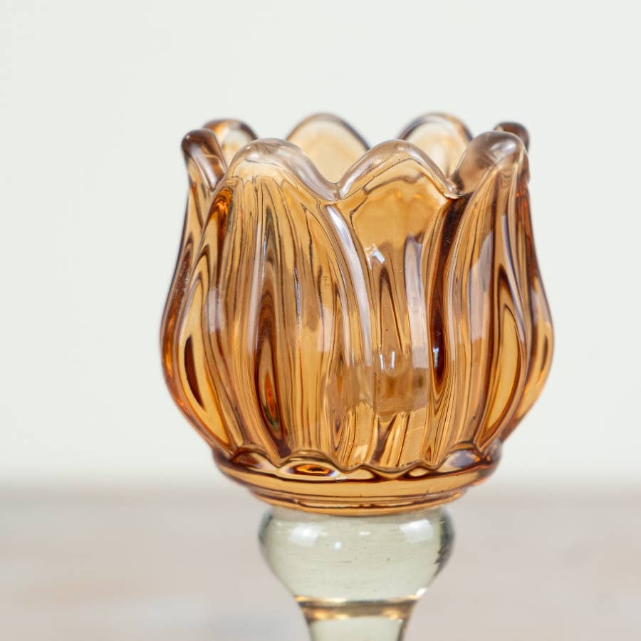 Amber Tulip Glass Candle Holder, 19cm