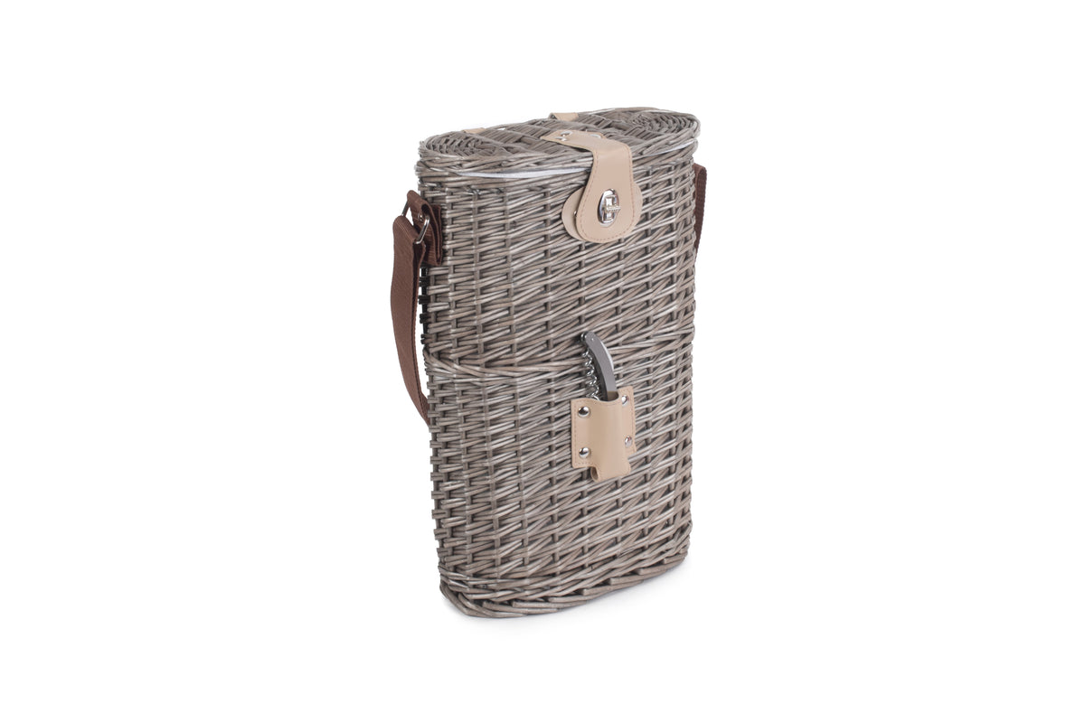 Antique Wash Willow 2 Bottle Cooler Basket closed to show the tall woven willow design
