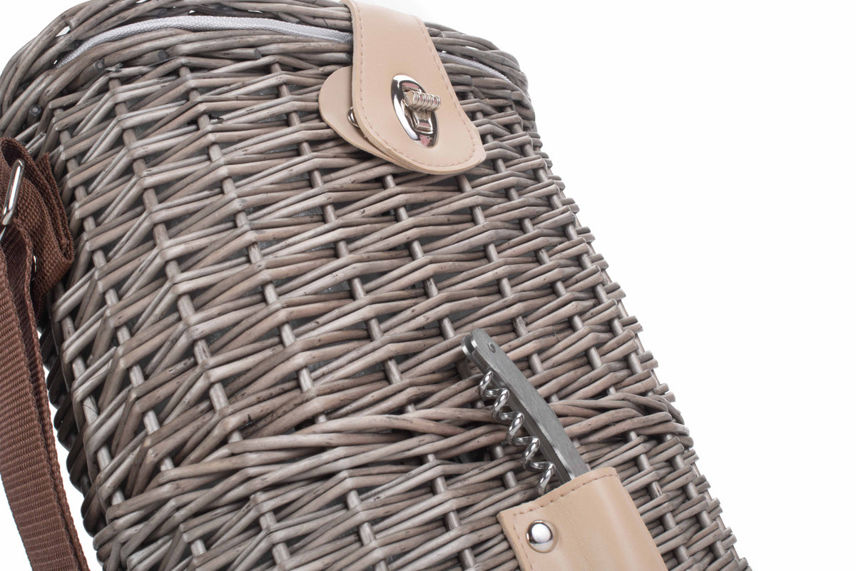 Close-up of the Antique Wash Willow 2 Bottle Cooler Basket showing the woven willow and fastening detail
