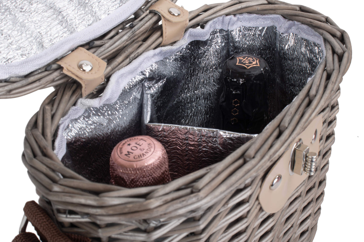 Open Antique Wash Willow 2 Bottle Cooler Basket showing the insulated cooler lining and bottle compartments
