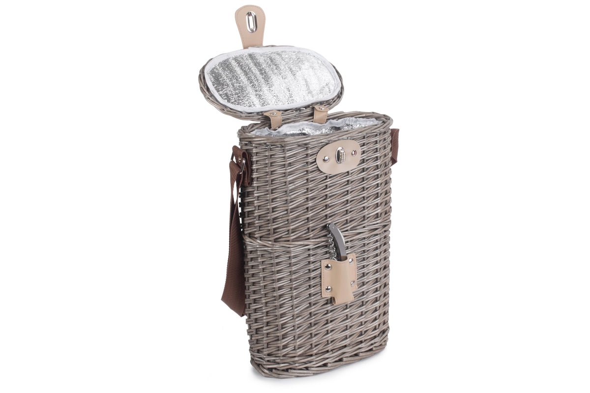 Antique Wash Willow 2 Bottle Cooler Basket open to show the insulated lining with two bottles beside it