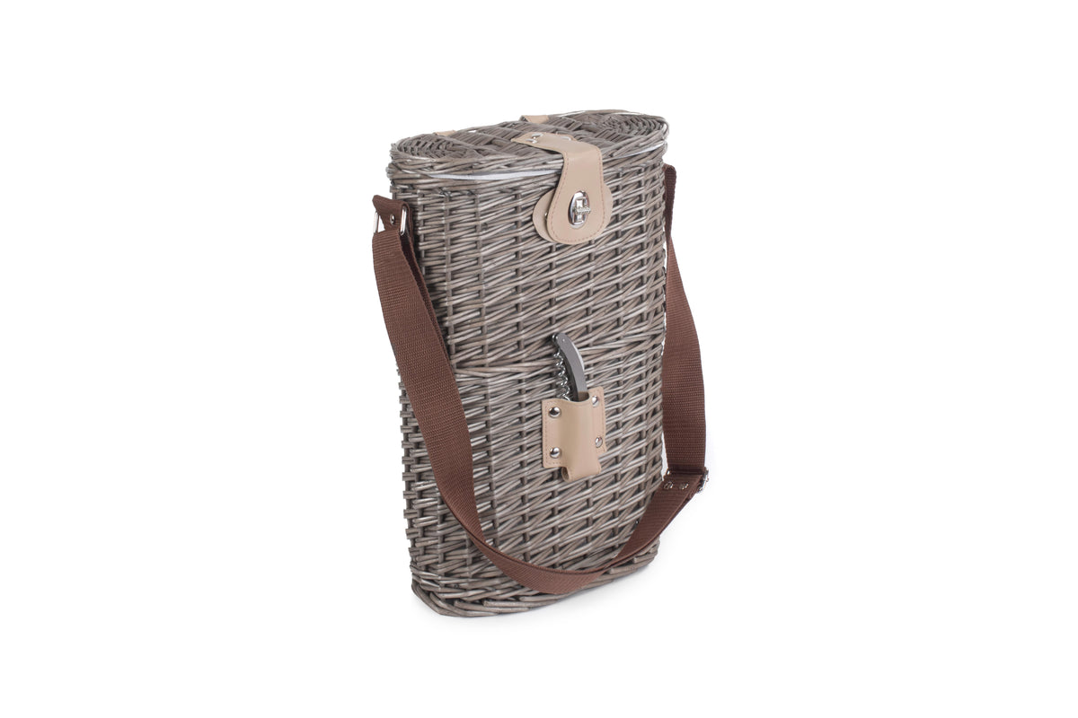 Side view of the Antique Wash Willow 2 Bottle Cooler Basket showing its woven construction and shoulder strap
