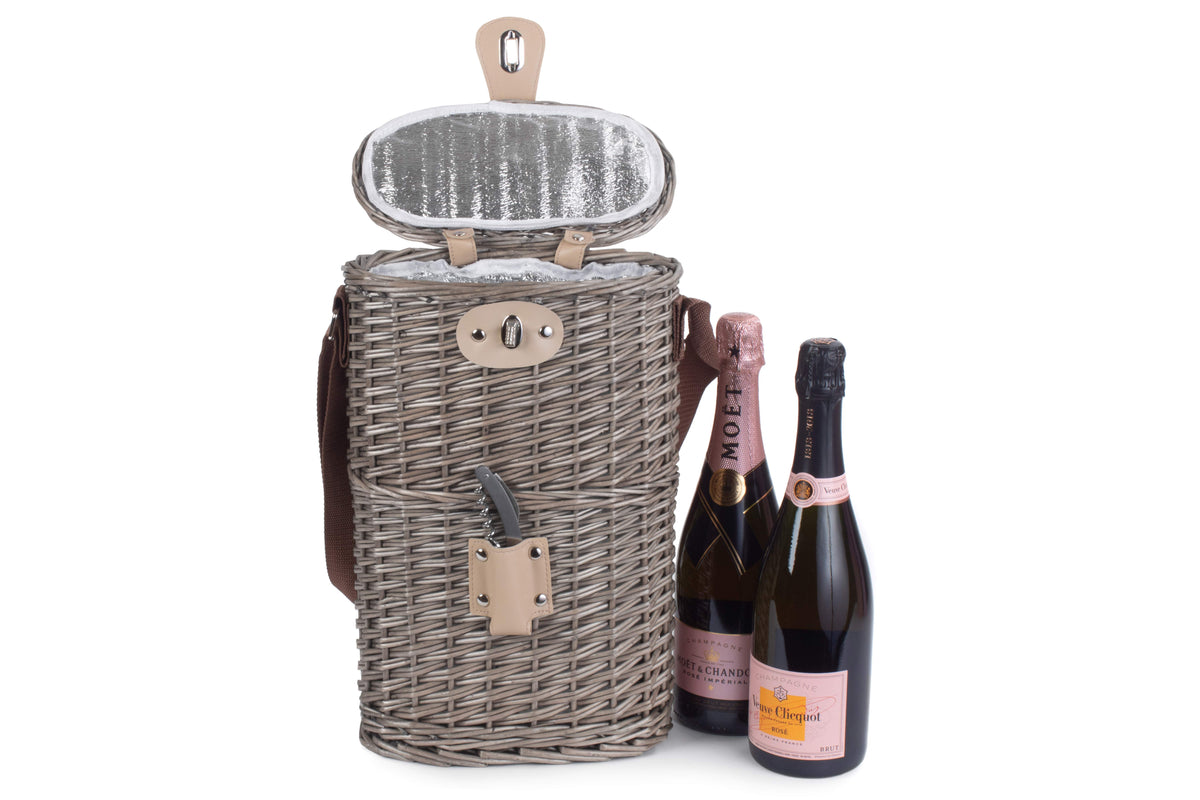 Antique Wash Willow 2 Bottle Cooler Basket displayed with two wine bottles to demonstrate its capacity