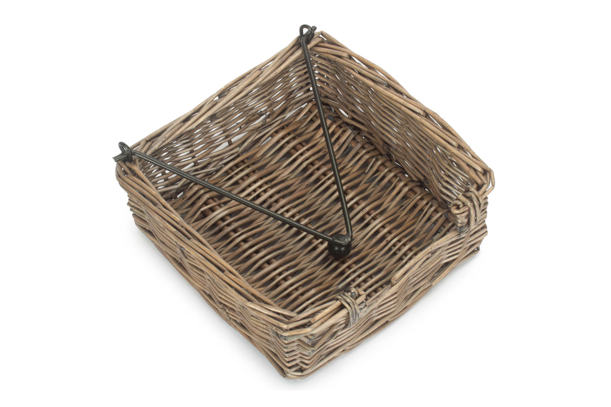 Antique Wash Willow Napkin Holder empty to show the handwoven willow interior and hinged metal weight