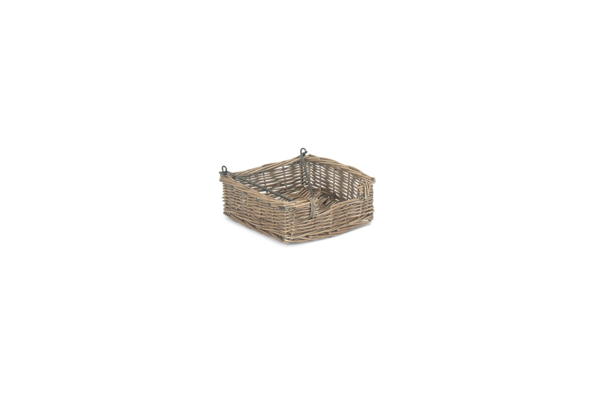 Antique Wash Willow Napkin Holder handwoven from natural willow with hinged metal napkin weight