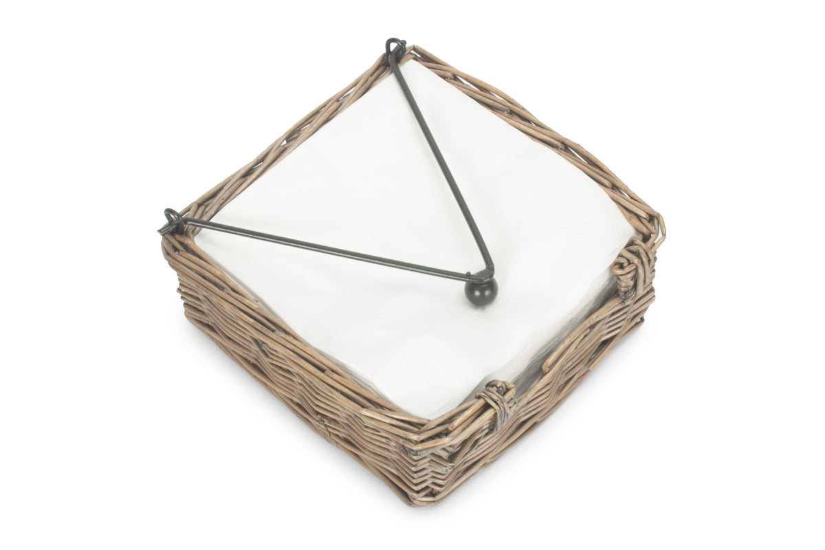 Antique Wash Willow Napkin Holder viewed from above showing the woven willow base and metal weight