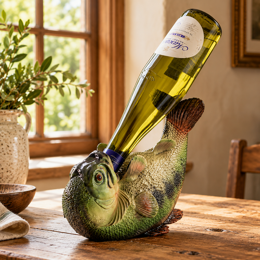 Drinks Like a Fish wine bottle holder with bottle displayed on a rustic oak table beside a traditional window.